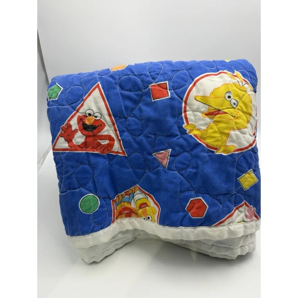 Sesame Street Embroidered Blue Crib Quilt Elmo Big Bird Cookie Monster